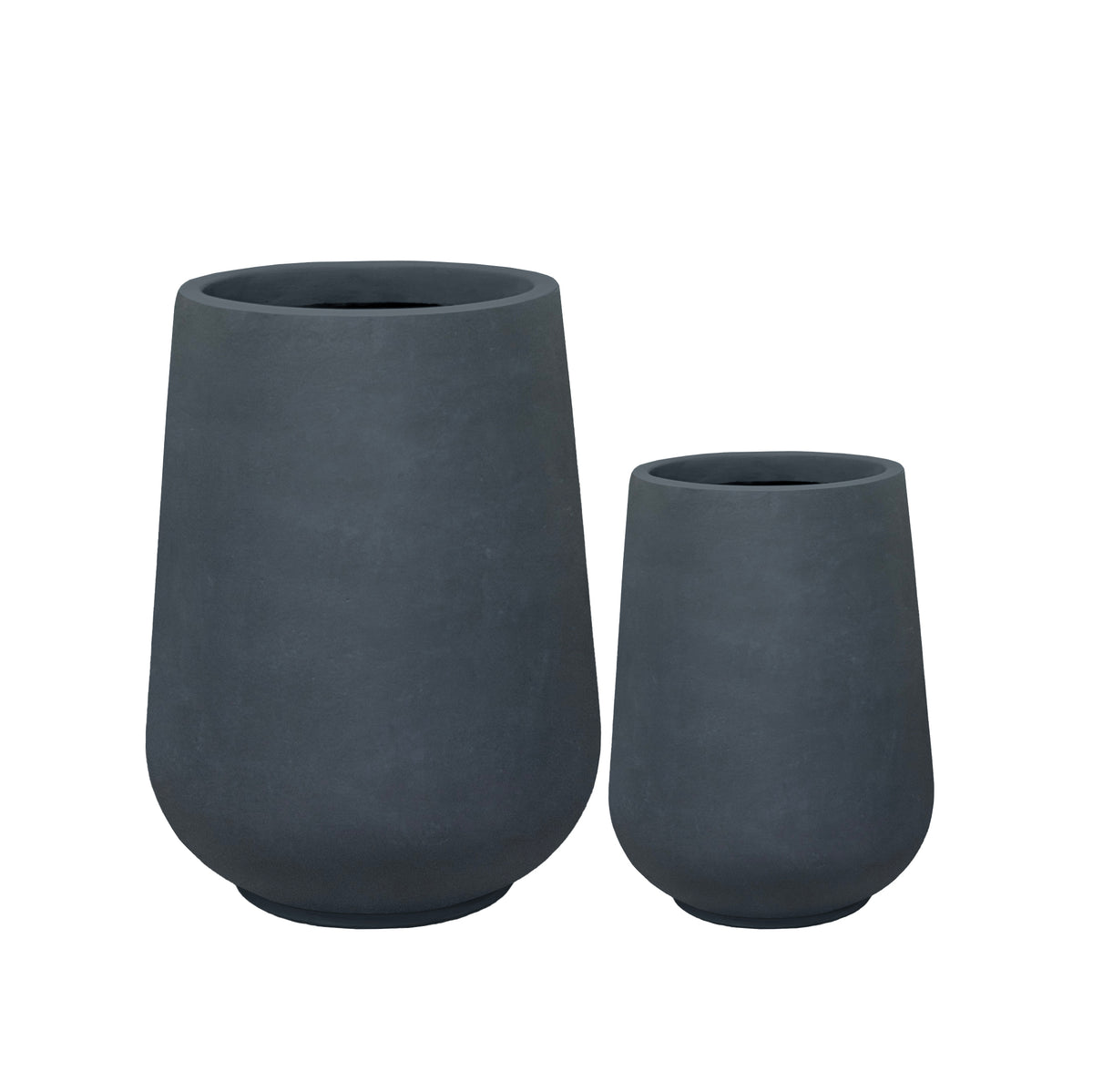 Pre-drilled Monolith Dark Grey fibre concrete cachepot, shown with a smaller model