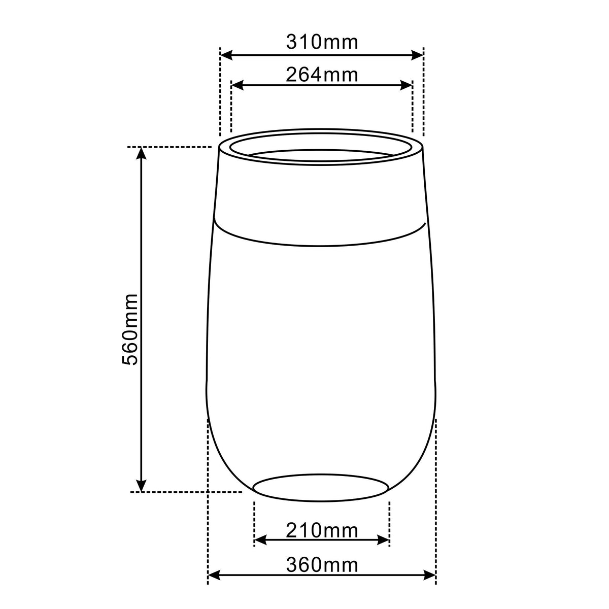 Pre-drilled Opus cachepot 36x56 cm Dark Grey fibre concrete, dimensioned cachepot diagram