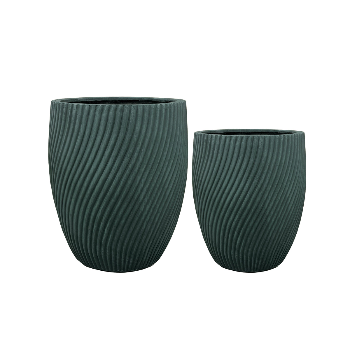 Pre-drilled Solstice Dark Green fibre concrete cachepot, front view with two sizes
