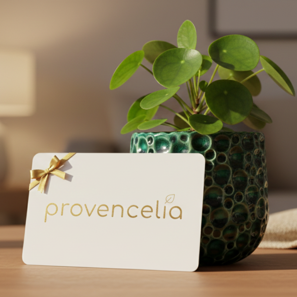 E-carte cadeau Provencelia devant une plante en pot vert