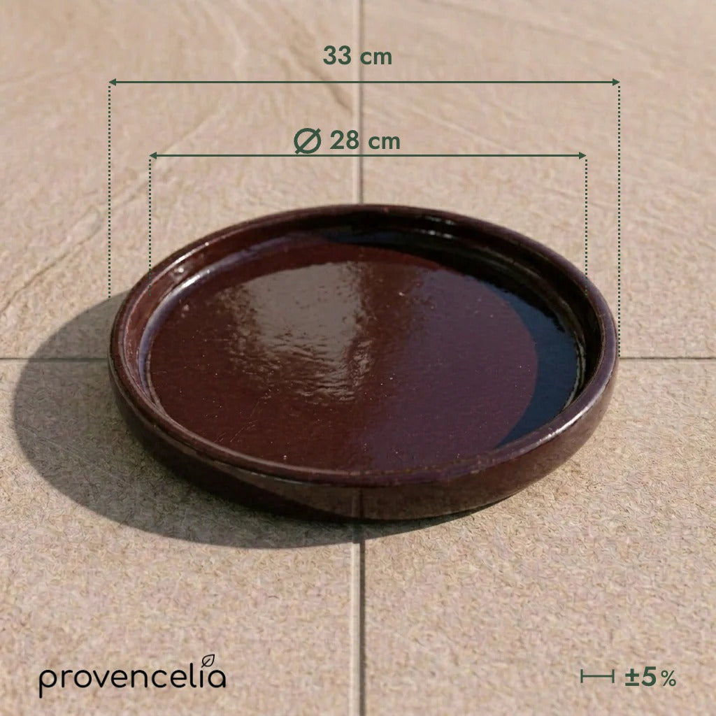 Soucoupe 28 cm violet, vue en plongée sur carrelage