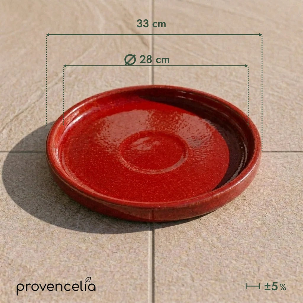 Soucoupe 28 cm rouge, vue de dessus avec dimensions