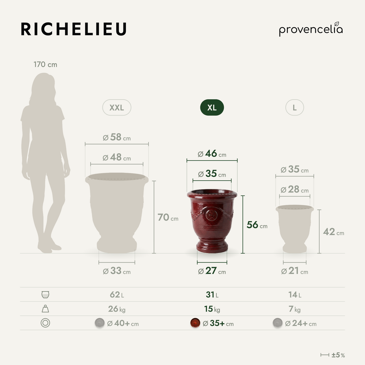 Pot RICHELIEU avec pied 46x56 cm rouge brique en terre cuite émaillée, vue de face avec dimensions