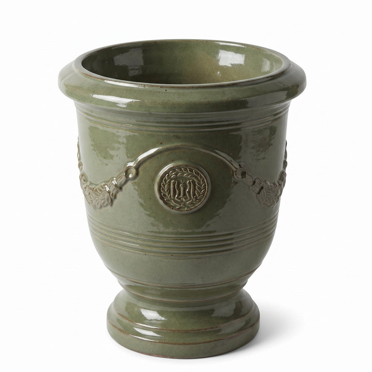 Pot Richelieu avec pied 46x56 cm perle de jade en terre cuite émaillée, vue de face sur fond blanc