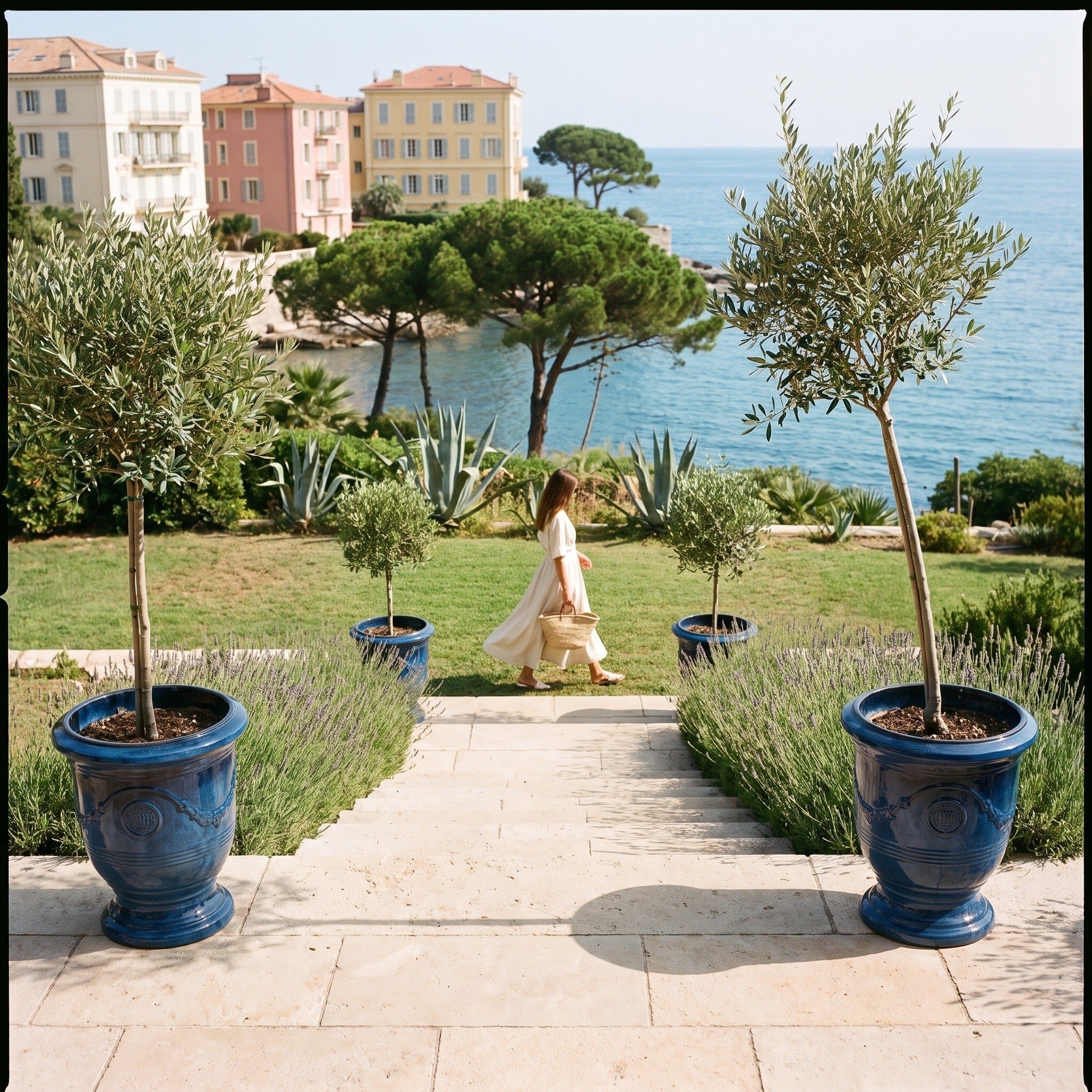 Provencelia RICHELIEU – glazed ceramic outdoor planter, Azure Blue, XL 46 × 56 cm