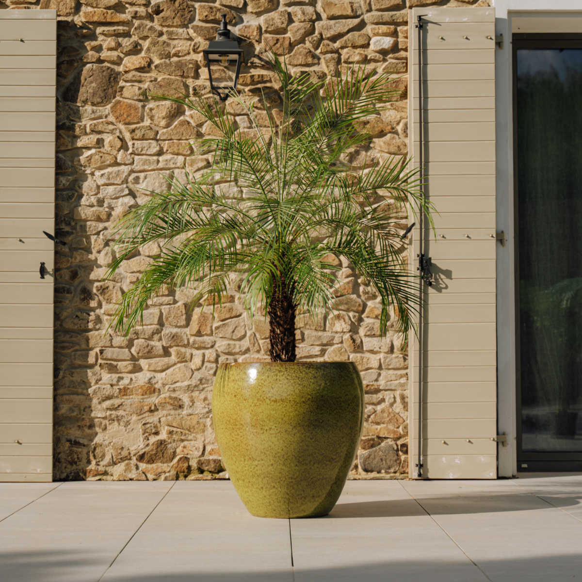 Macetero LAFONTAINE redondo 69 × 65 cm verde lago de cerámica esmaltada, con palmera en terraza