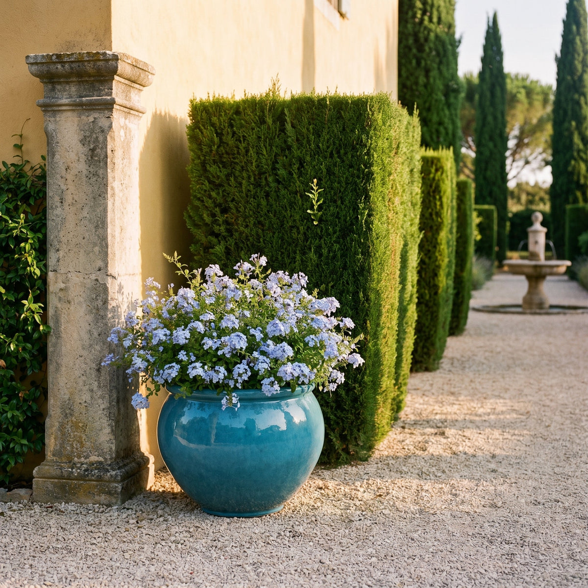 Pot LUTECE rond 53x43 cm bleu caraïbes en terre cuite émaillée, garni de fleurs dans un jardin
