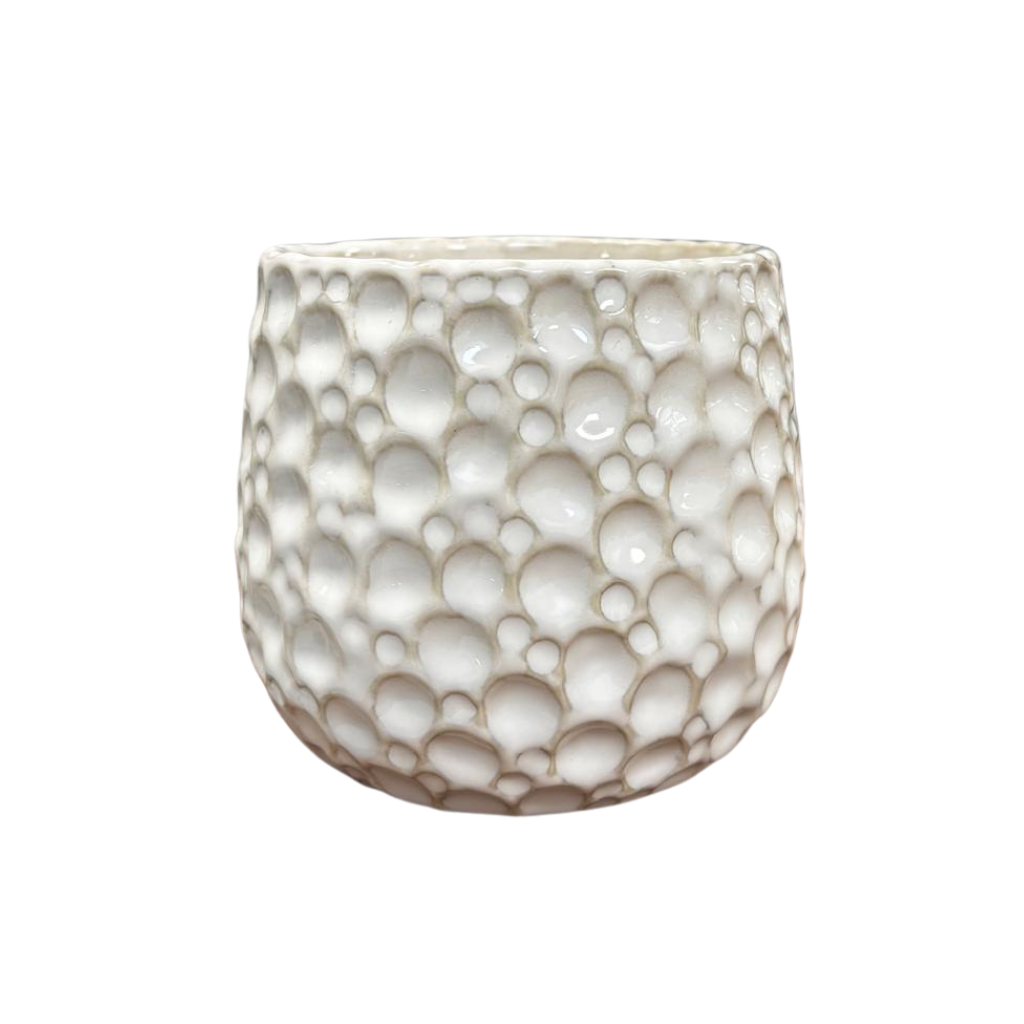 Pot Parisette rond 12x10 cm blanc en terre cuite émaillée, gros plan de la surface émaillée