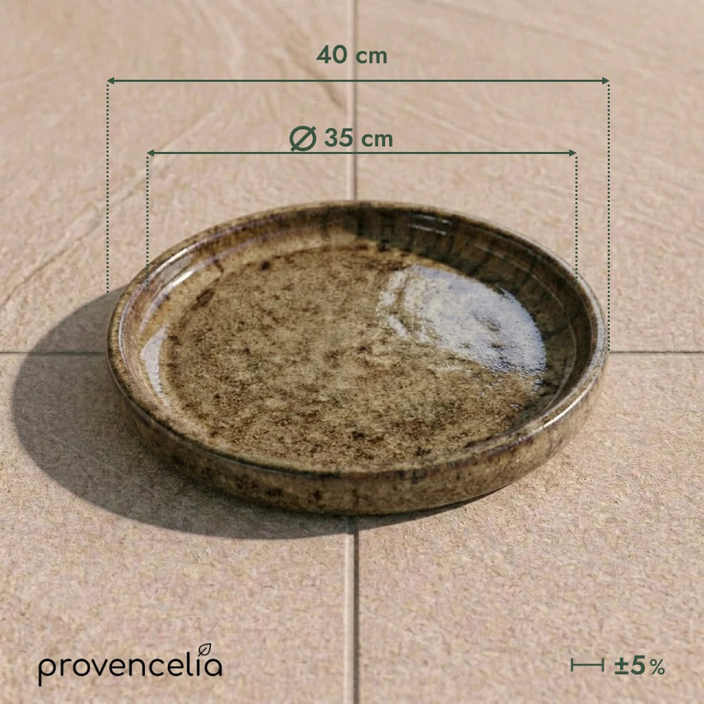 Platillo de 35 cm bronce arenado, vista cenital con dimensiones indicadas