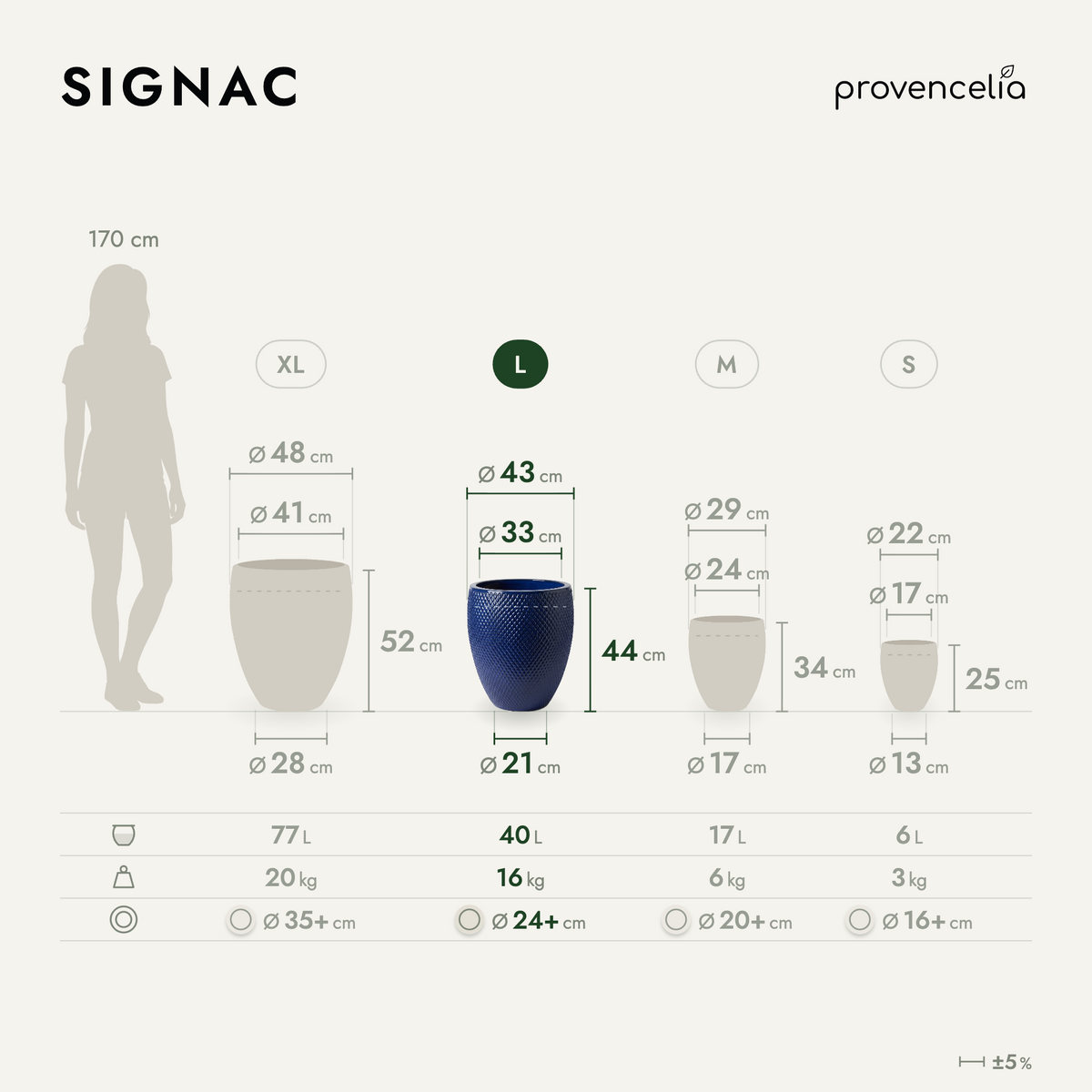 Decorative SIGNAC planter 38x44 cm Cobalt Blue glazed ceramic, size L dimensions diagram