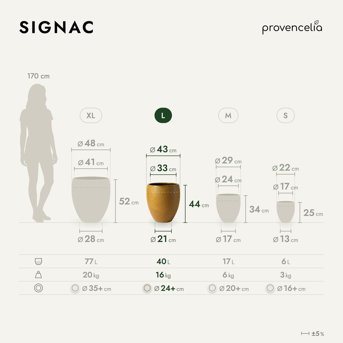 Decorative SIGNAC planter 38x44 cm Honey in glazed ceramic, dimensions and sizes diagram