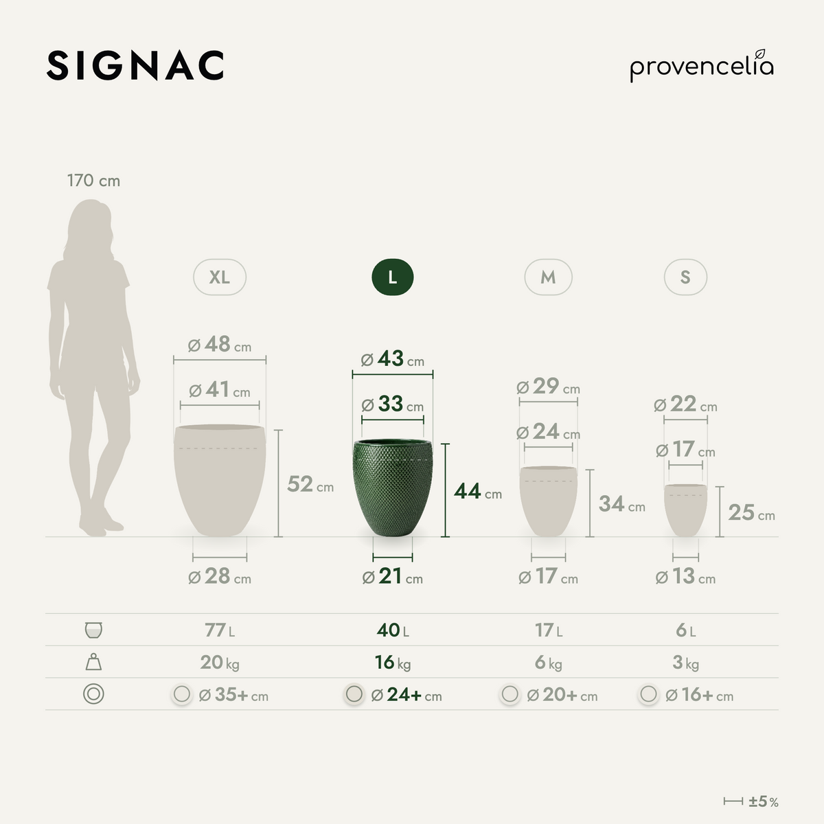 Decorative SIGNAC planter 38x44 cm Jungle Green glazed ceramic, dimensions diagram