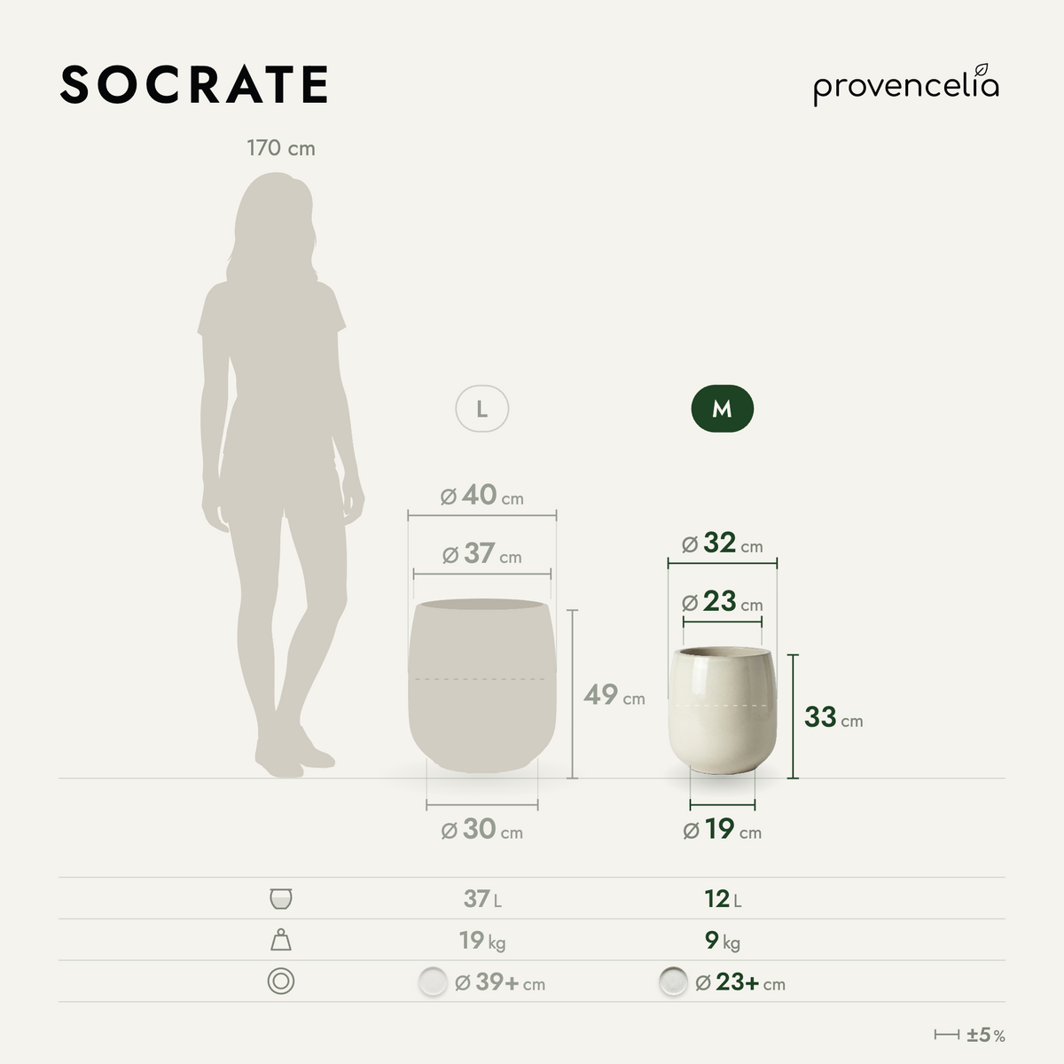 Vaso SOCRATE rotondo 32x33 cm Crema in ceramica smaltata, schema delle dimensioni
