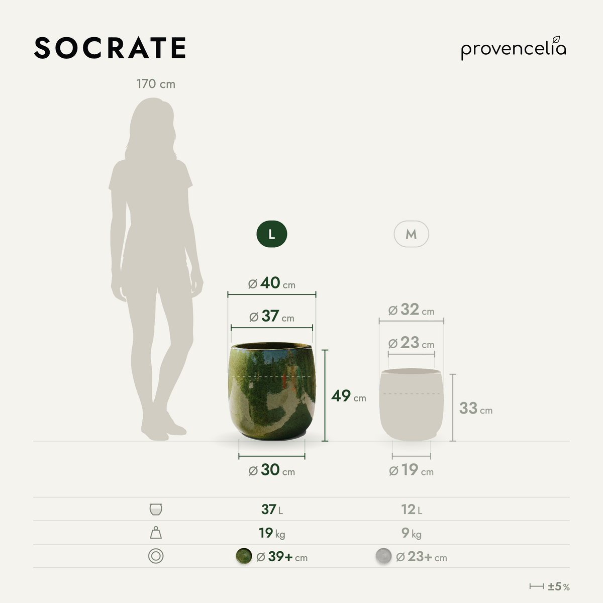Vaso SOCRATE rotondo 40x49 cm verde tropicale in ceramica smaltata, con schema delle dimensioni