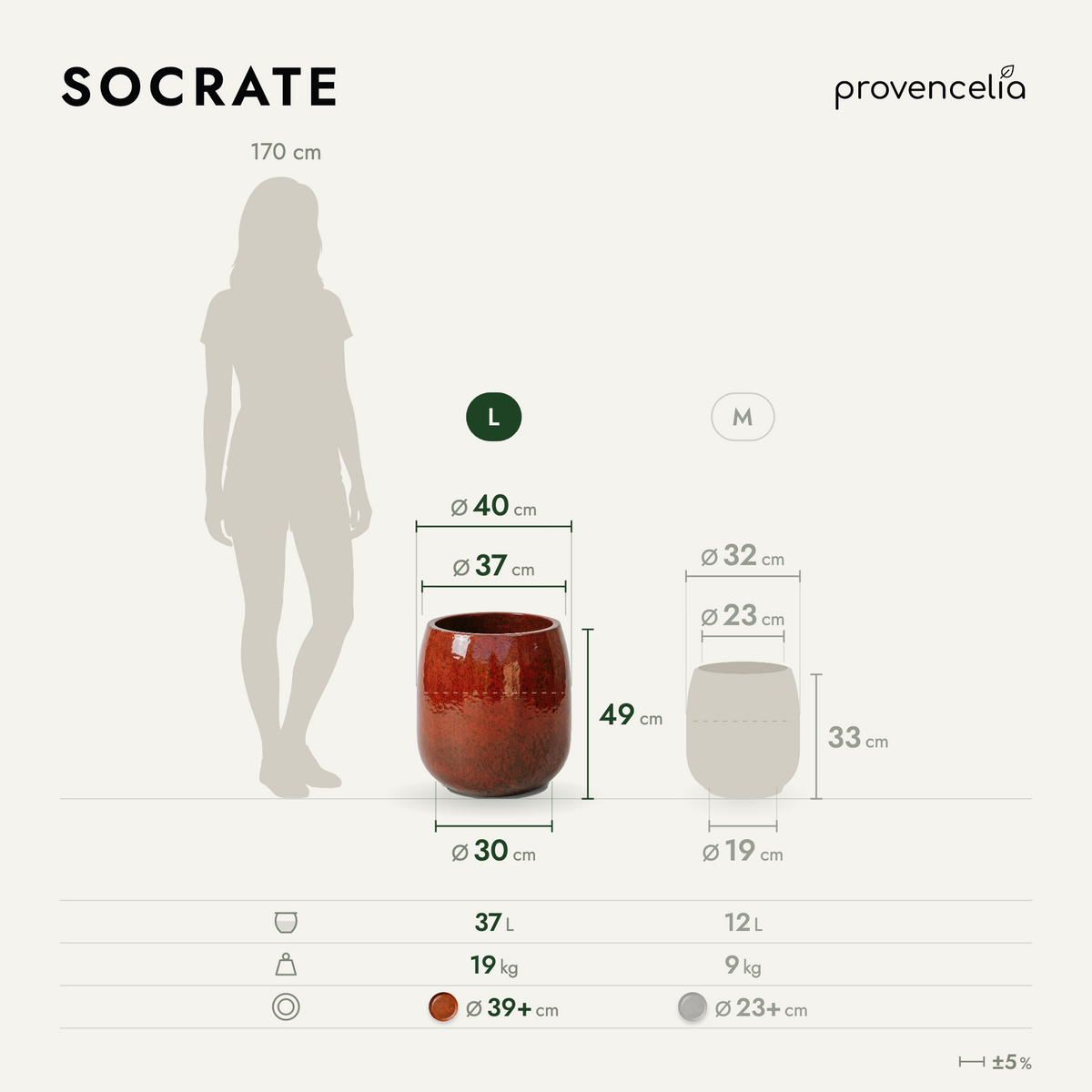 Vaso SOCRATE rotondo 40x49 cm arancione tropicale in ceramica smaltata, vista comparativa con dimensioni