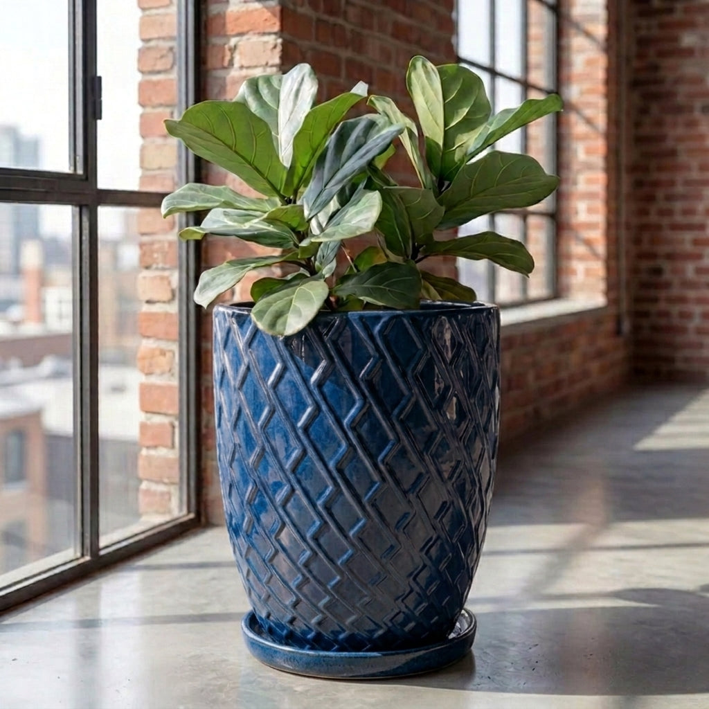 Azure blue ceramic planter saucer – frost-resistant
