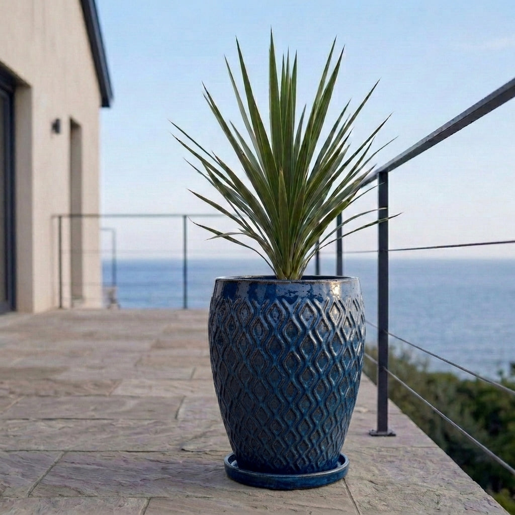Azure blue ceramic planter saucer – frost-resistant