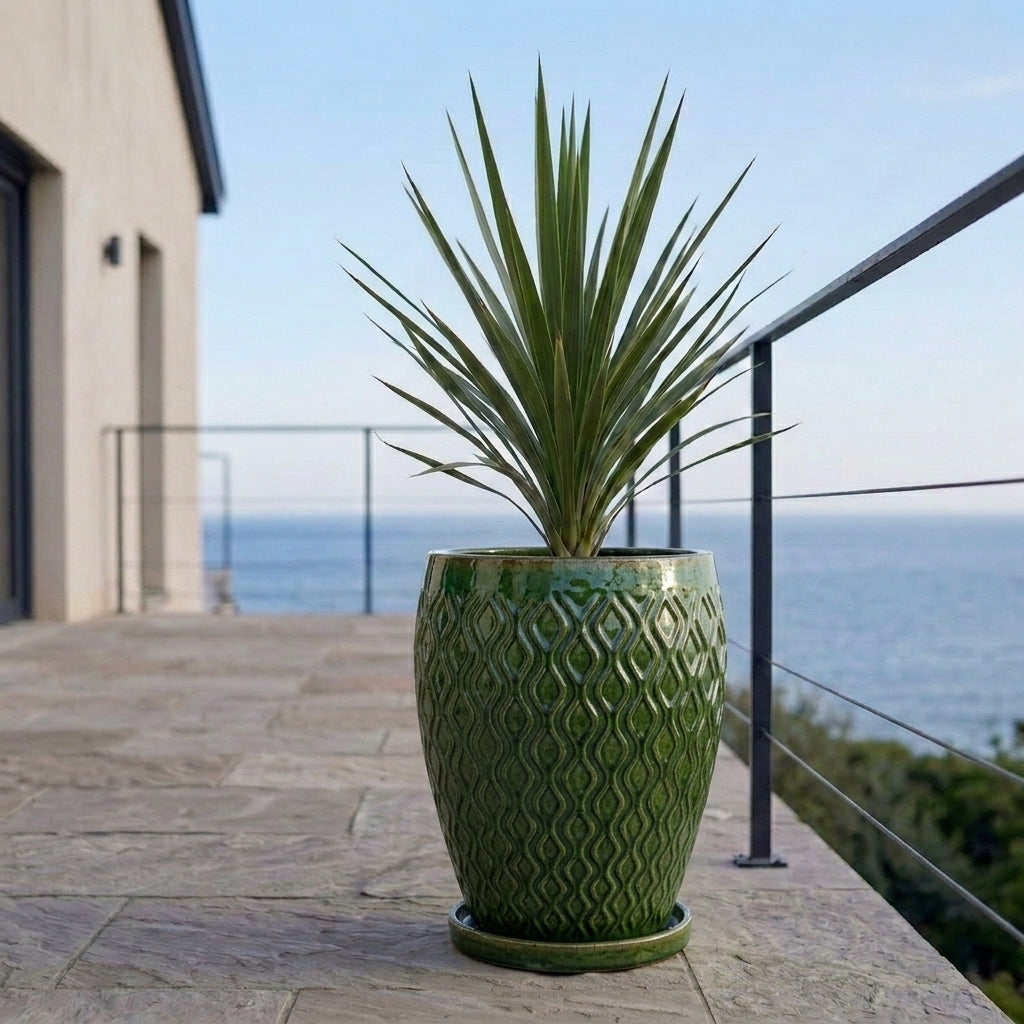 Tropical green ceramic planter saucer – frost-resistant