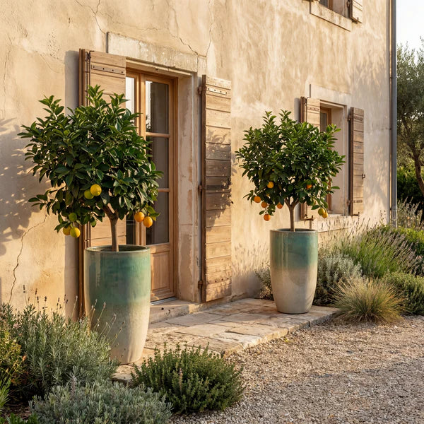 Summer mist Eiffel glazed ceramic planter, with citrus trees in front of a house