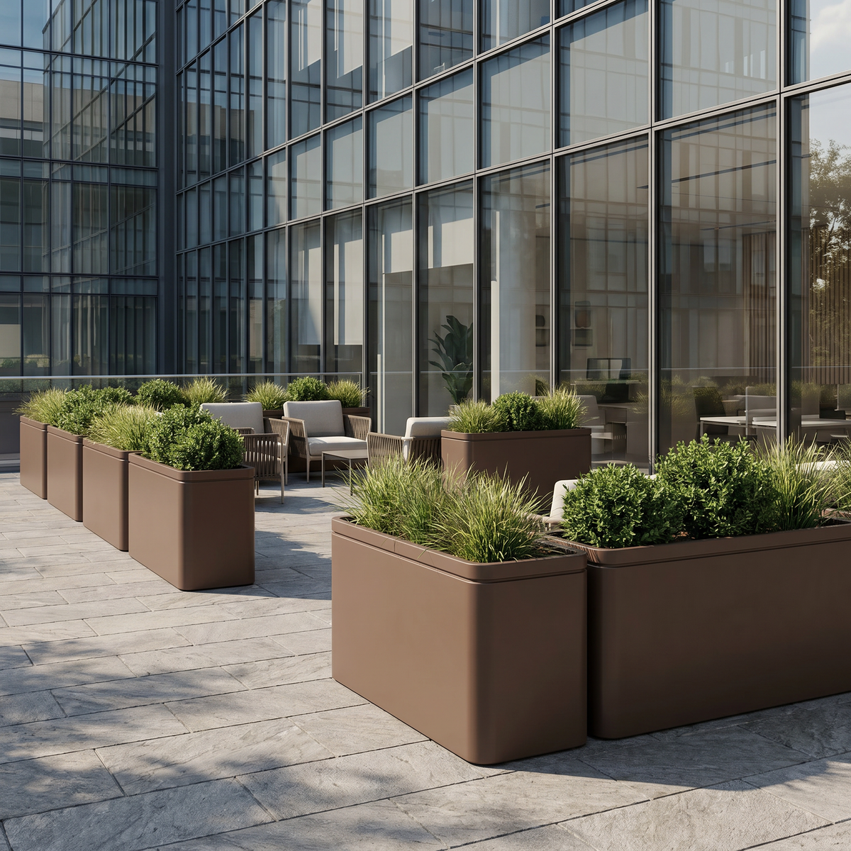 Vaso Infinity Square rettangolare 30x60 cm Tortora in acciaio zincato, terrazza con arbusti e graminacee