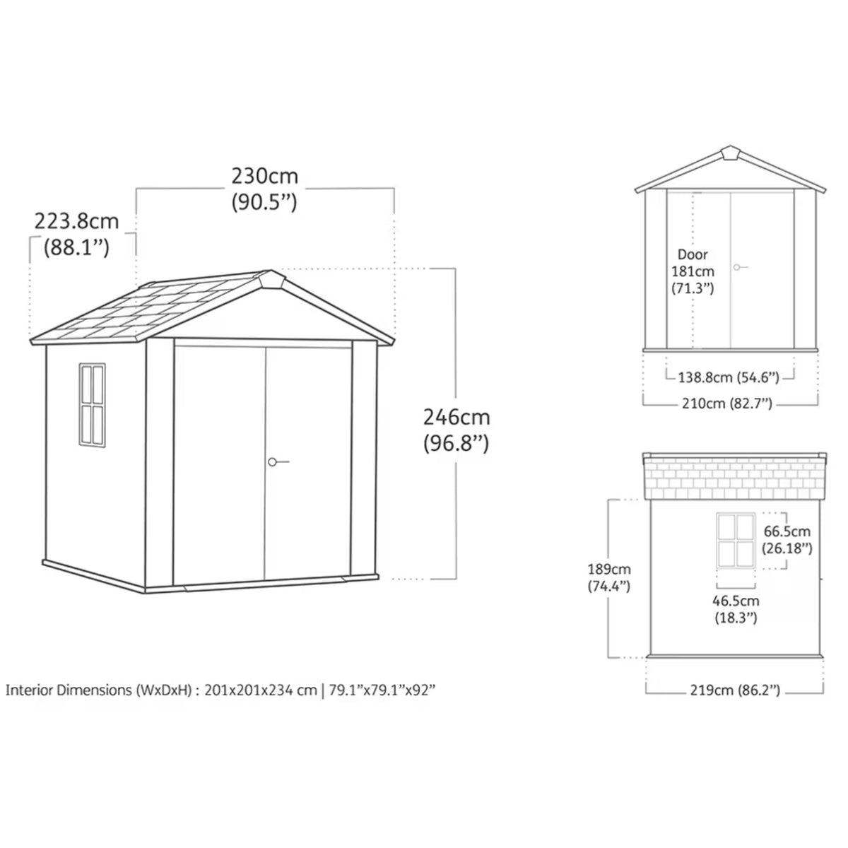 Plan coté de l’abri de jardin Newton Plus Wide avec vues de face et latérale