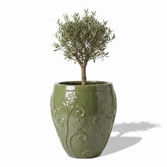 Lot olivier + pot GAIA 75x78cm vert tropical, fait main en terre cuite émaillée