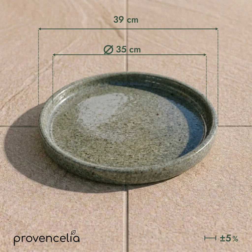 Platillo de 35 cm blanco atigrado, vista superior con dimensiones