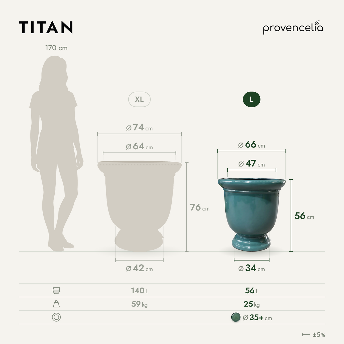 Vaso TITAN 53x55 cm giada in ceramica smaltata, vista frontale con dimensioni
