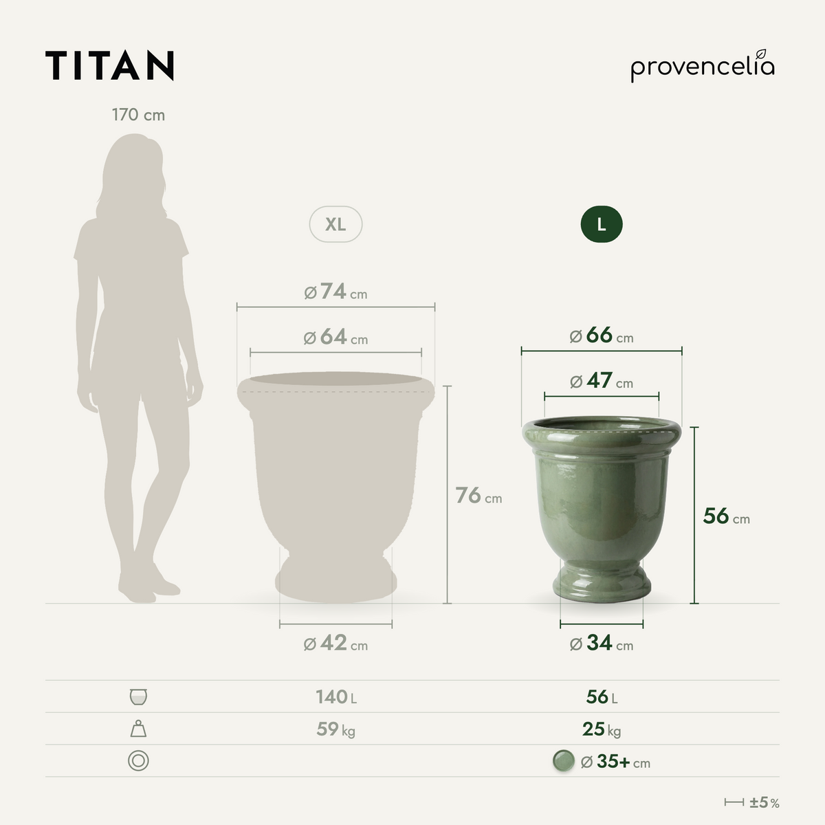Planter TITAN 53x55 cm jade pearl in glazed ceramic, comparative dimensions diagram