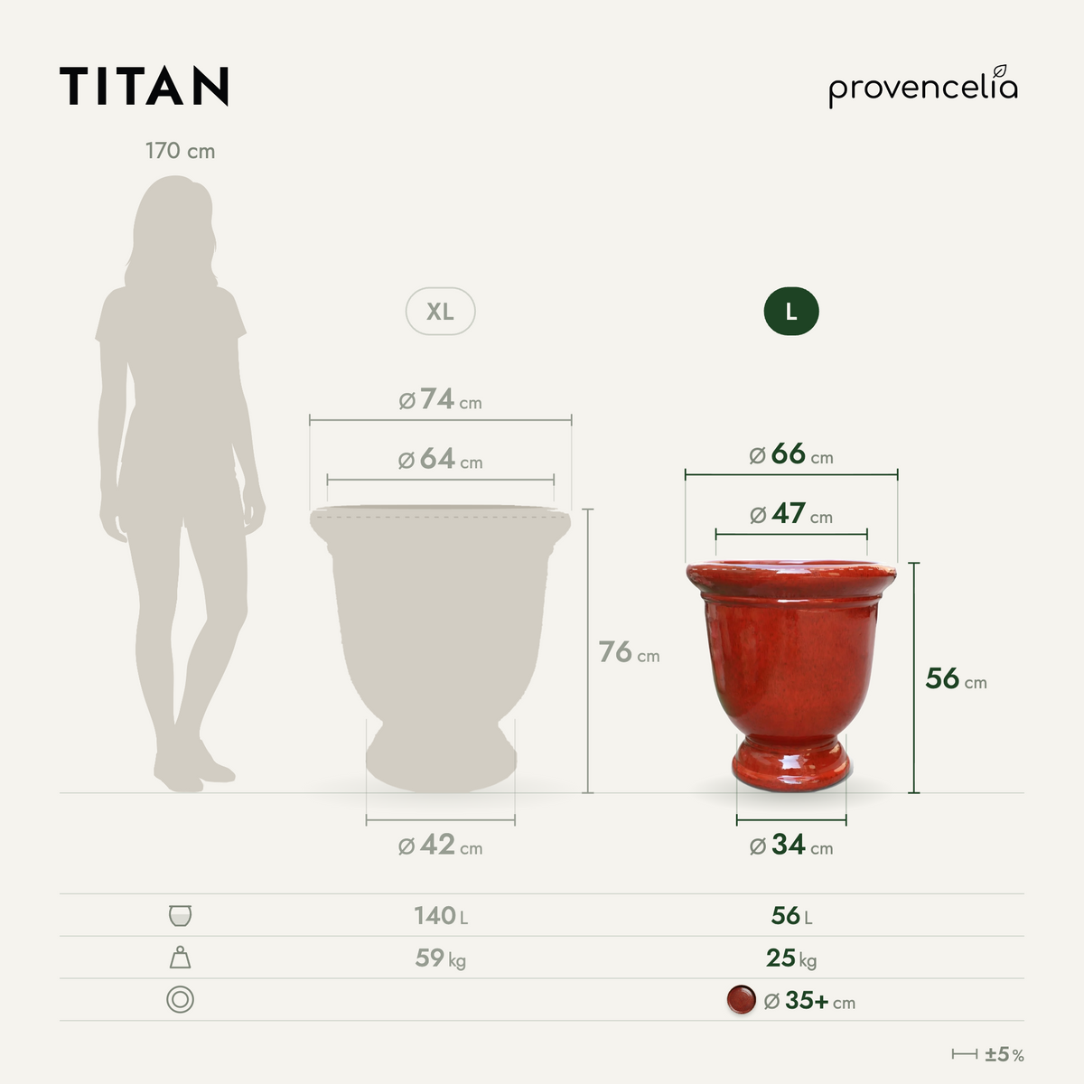 Vaso TITAN 53x55 cm rosso tropicale in ceramica smaltata, schema delle dimensioni del vaso