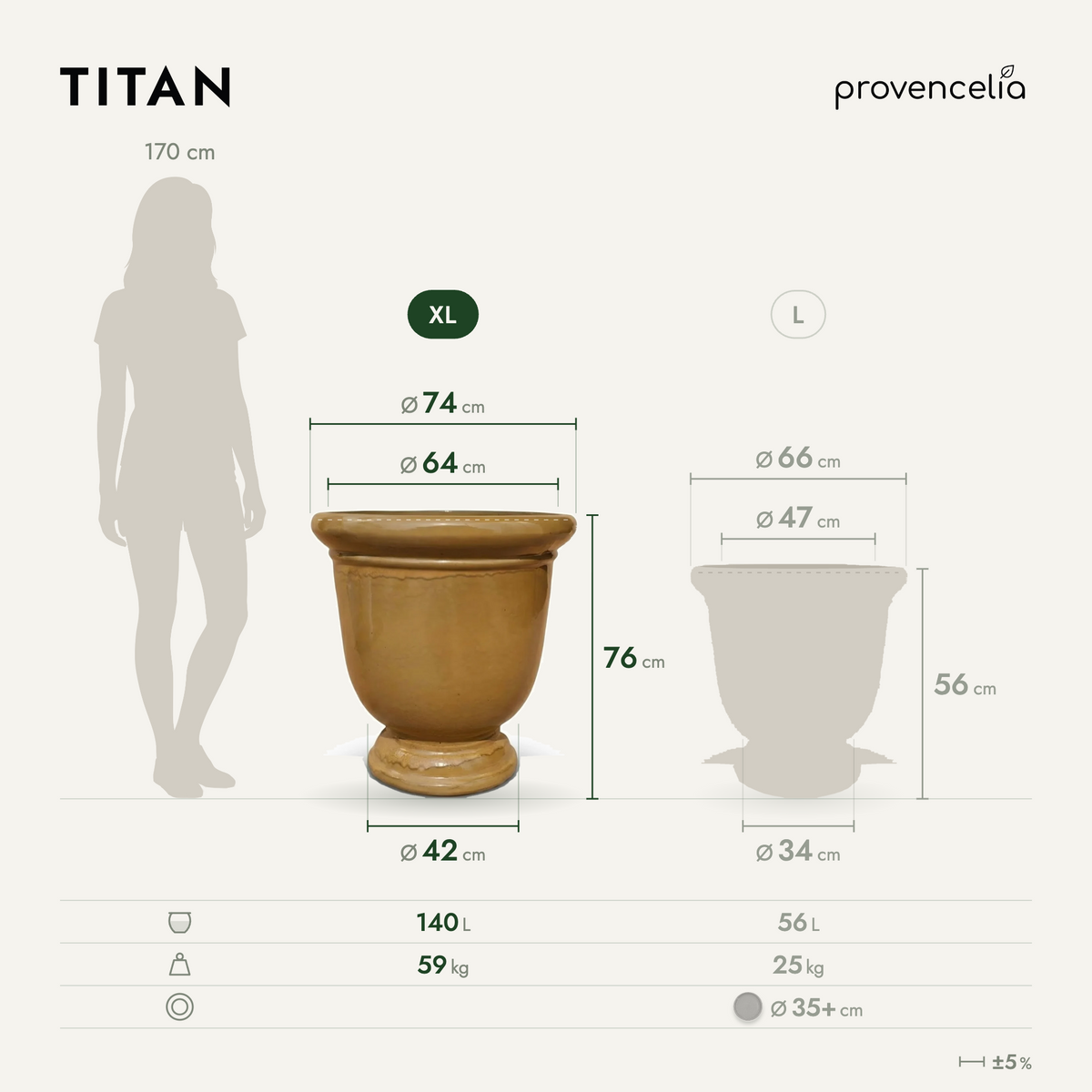 Vaso TITAN 72x75 cm miele ambrato in ceramica smaltata, vista frontale con dimensioni