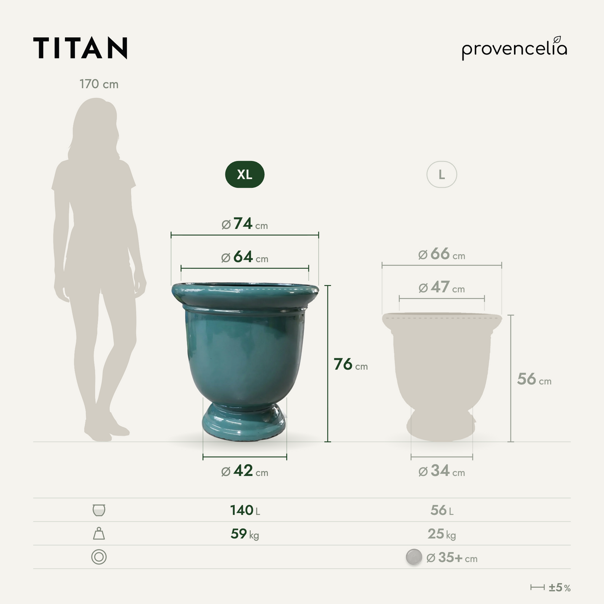 Vaso TITAN 72x75 cm giada in ceramica smaltata, vista frontale con dimensioni