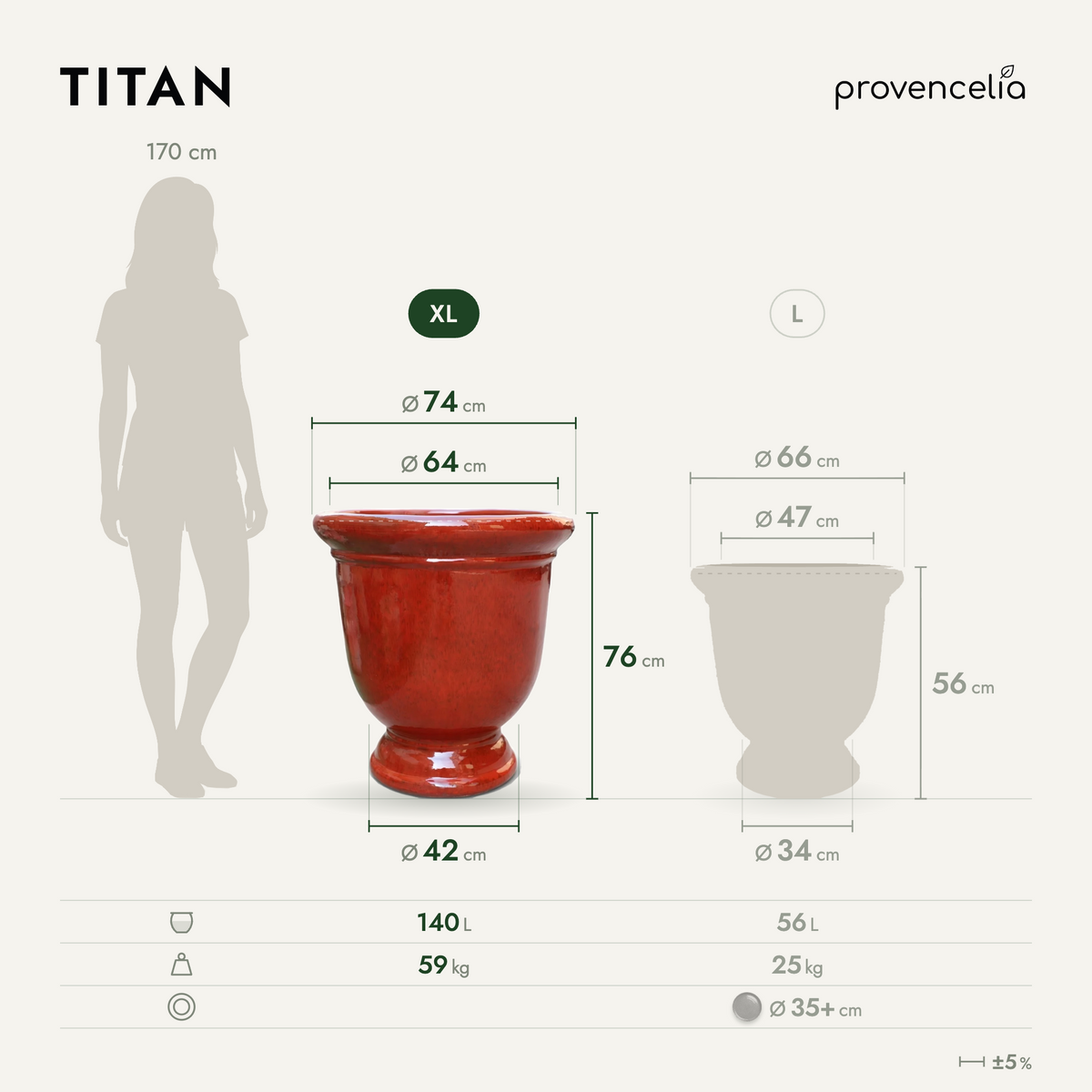 Vaso TITAN 72x75 cm rosso tropicale in ceramica smaltata, schema con dimensioni