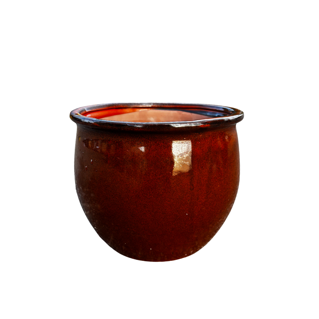 Pot Newton rond orange tropical en terre cuite émaillée, vue de face sur fond blanc
