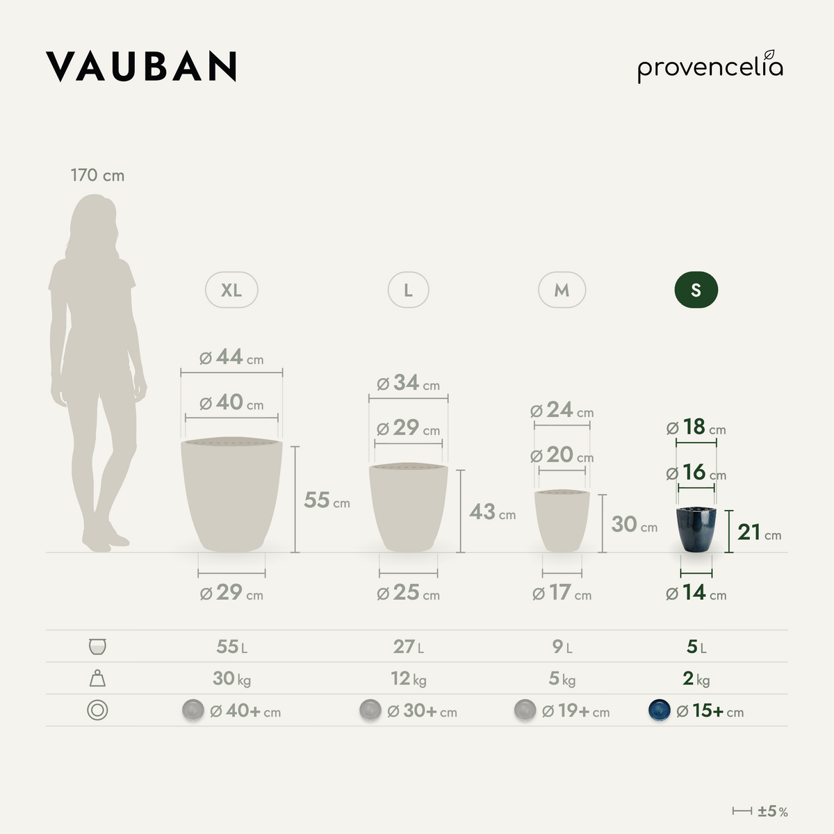 Rectangular planter VAUBAN 18x21 cm ultramarine blue in glazed ceramic, dimensions diagram for model S
