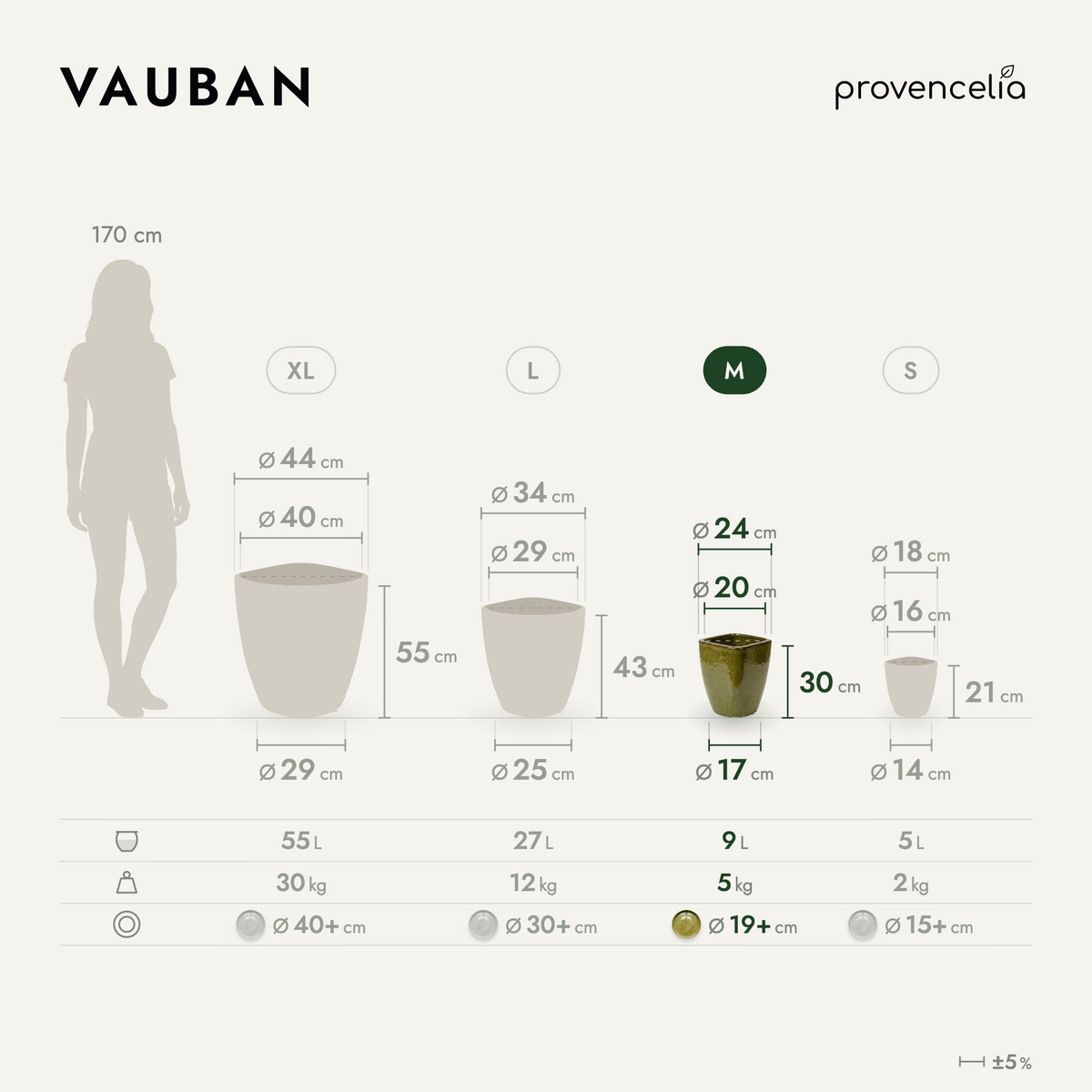 Vaso VAUBAN rettangolare 24x30 cm verde lago in ceramica smaltata, schema delle dimensioni