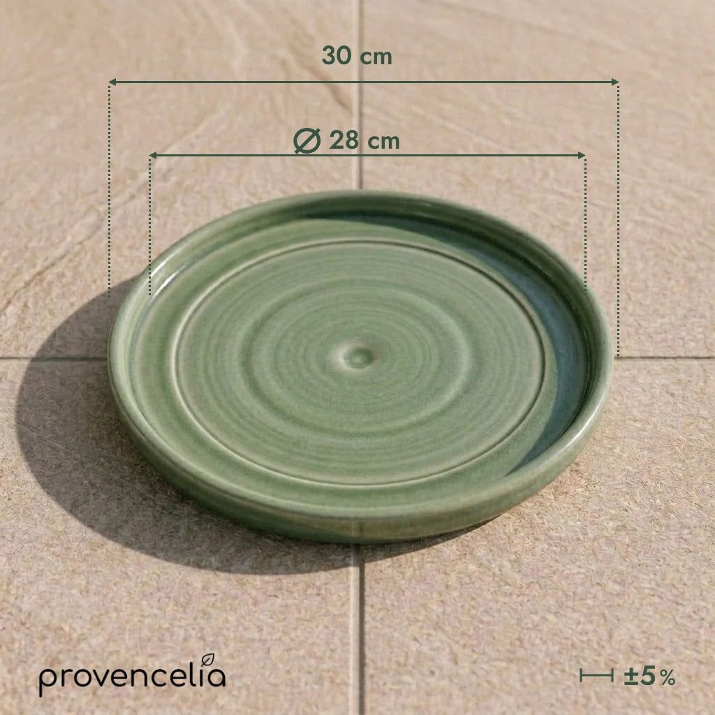 Platillo de 28 cm verde cardenillo, vista superior con dimensiones indicadas