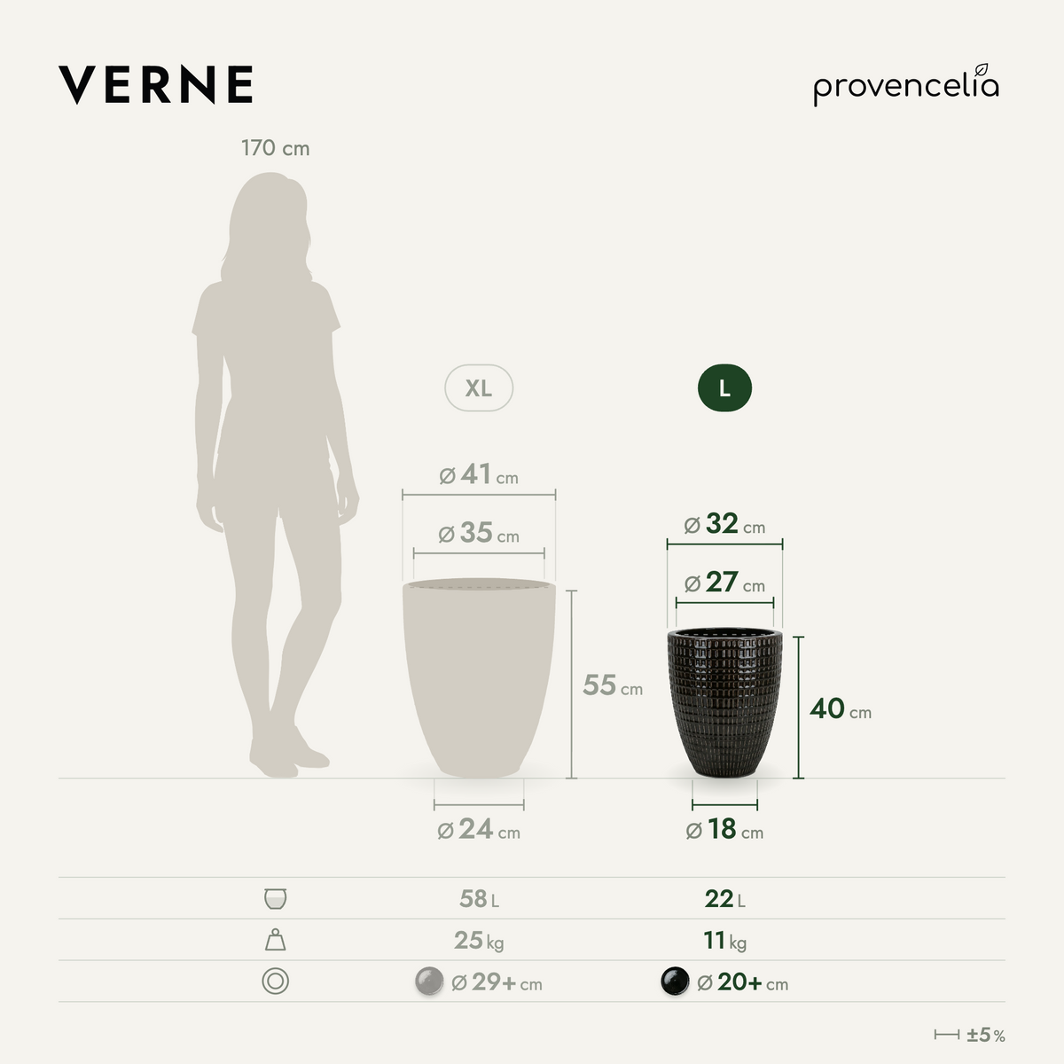 VERNE decorative planter 32x40 cm Black in glazed ceramic, comparative dimensions diagram