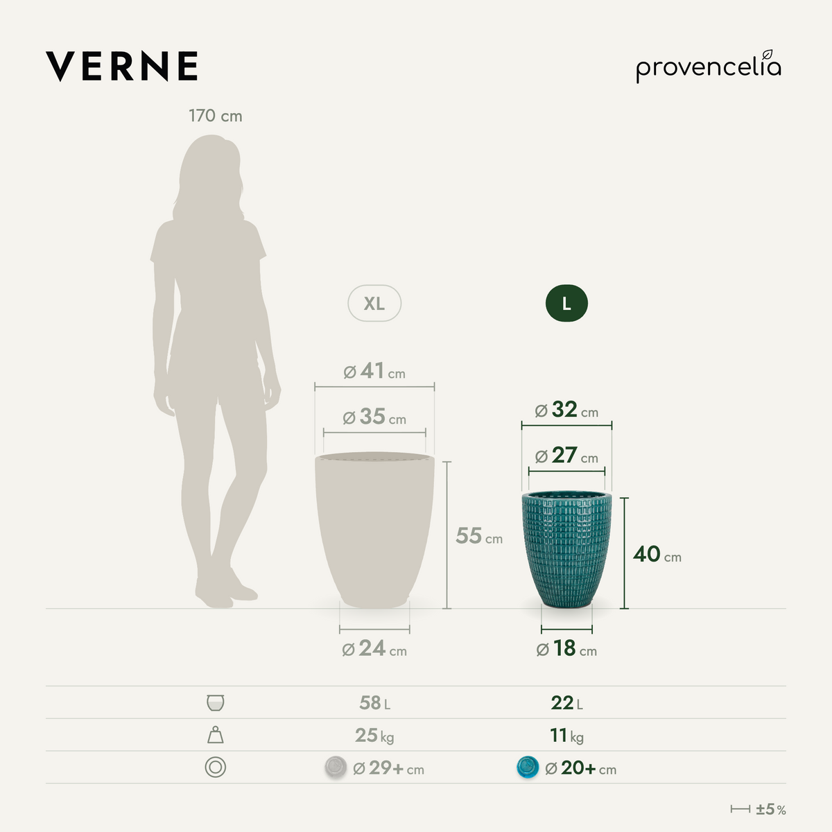 Decoratieve plantenbak VERNE 32x40 cm Junihemel van geglazuurd keramiek, maattekening