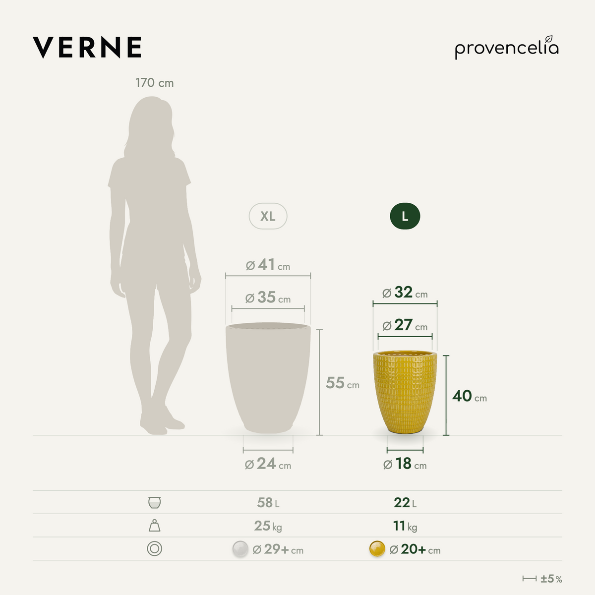 Vaso VERNE decorativo 32x40 cm giallo in ceramica smaltata, schema delle dimensioni e capacità