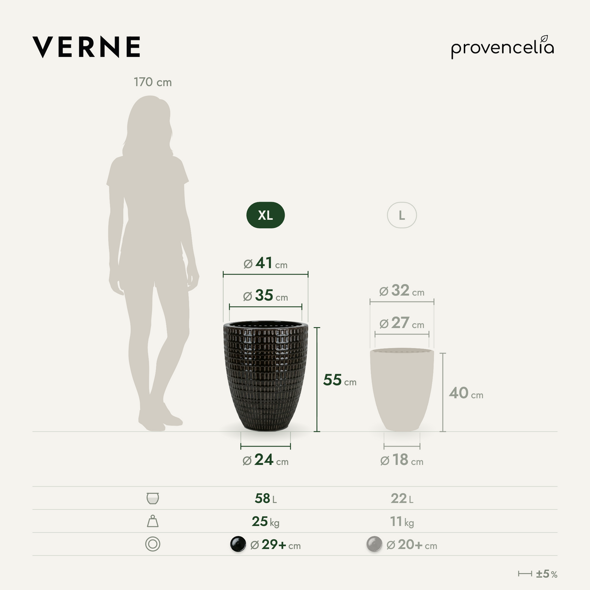 Vaso VERNE decorativo 41x55 cm nero in ceramica smaltata, schema delle dimensioni e capacità