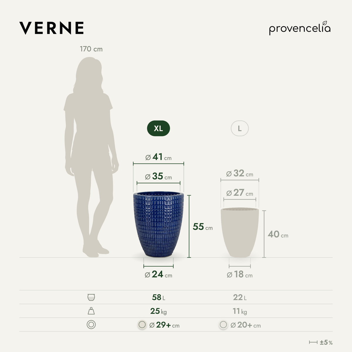 VERNE decorative planter 41x55 cm Cobalt Blue in glazed ceramic, planter dimensions diagram