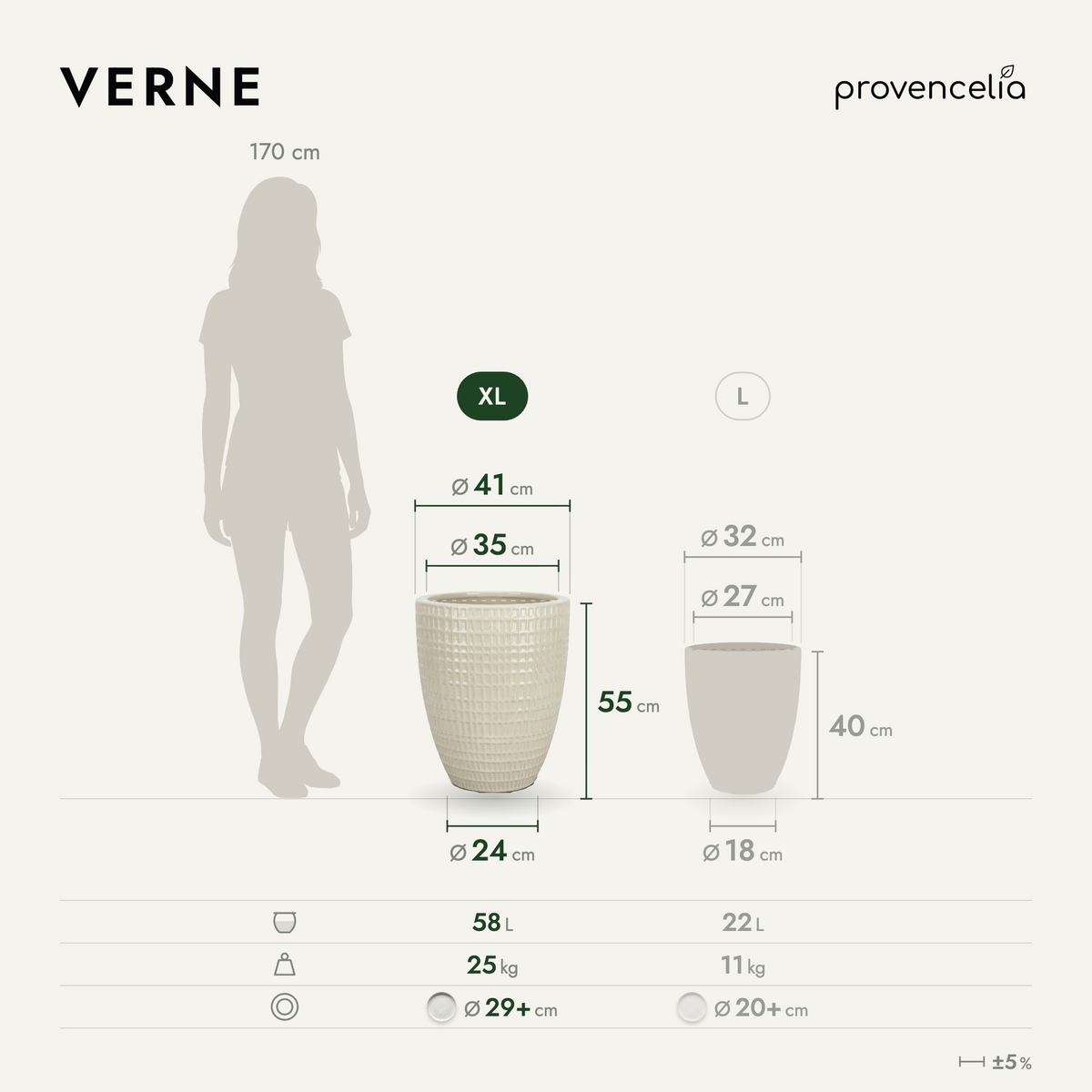 Vaso VERNE decorativo 41x55 cm crema in ceramica smaltata, schema con dimensioni