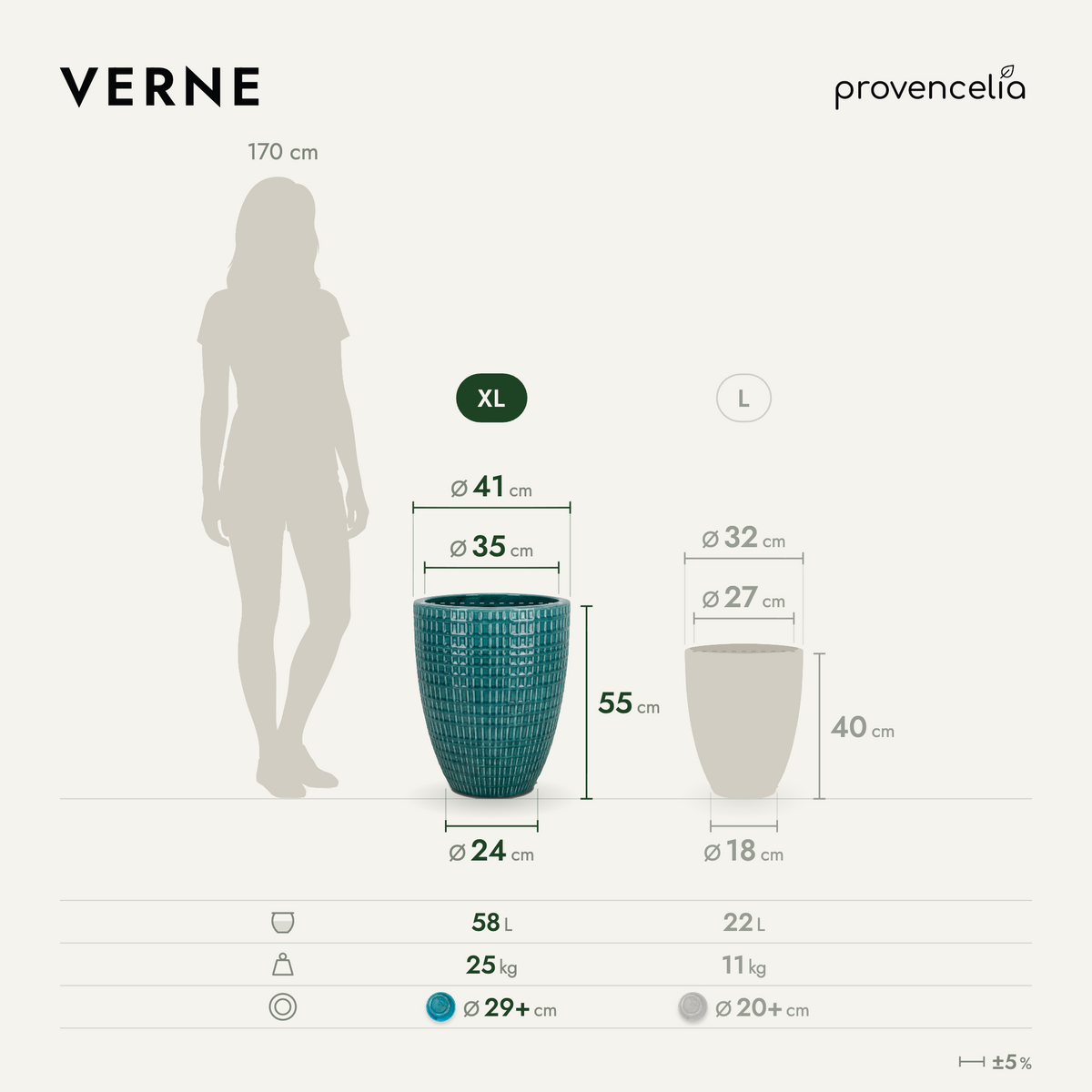 Decoratieve plantenbak VERNE 41x55 cm Junihemel van geglazuurd keramiek, met maattekening