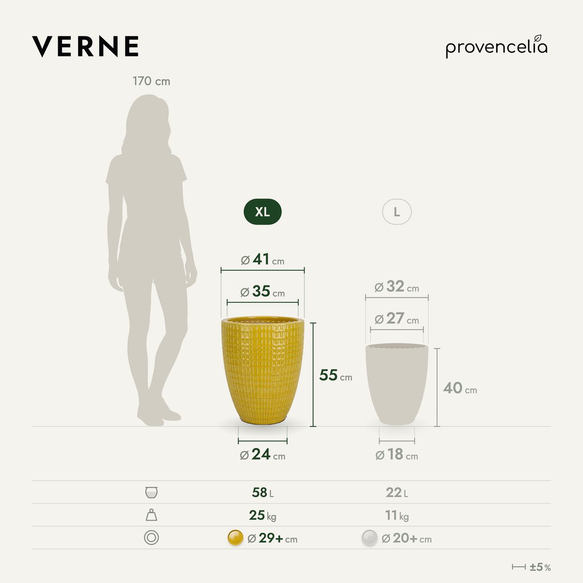 VERNE decorative planter 41x55 cm Yellow in glazed ceramic, planter dimensions diagram