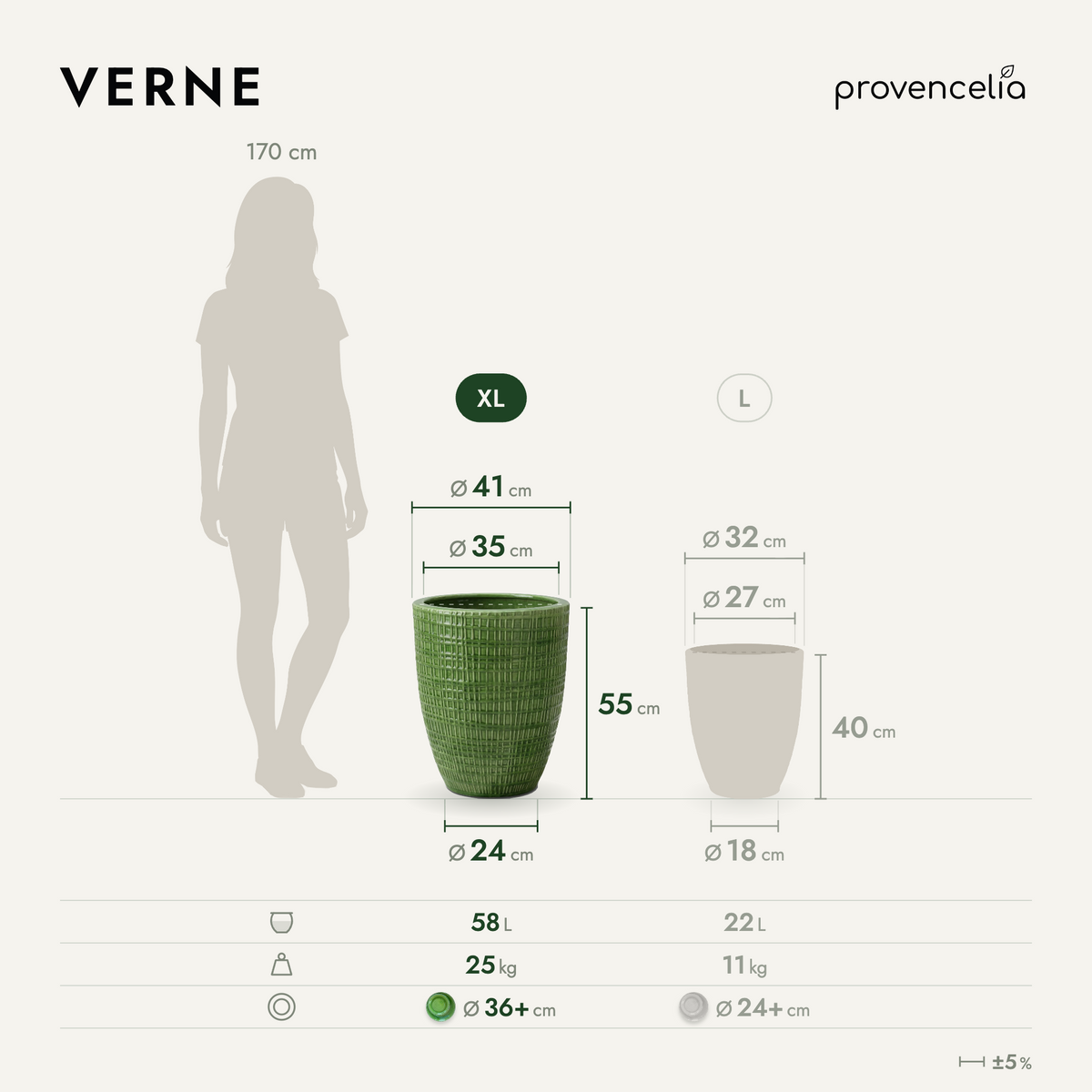 Vaso VERNE decorativo 41x55 cm verde mela in ceramica smaltata, vista comparativa con dimensioni