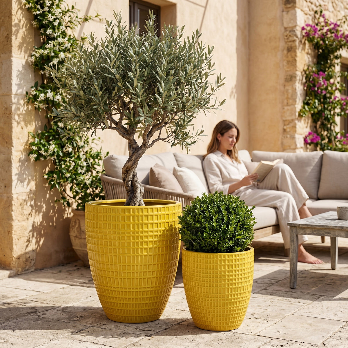 Vaso decorativo Verne Giallo in ceramica smaltata, con ulivo e arbusto in terrazza