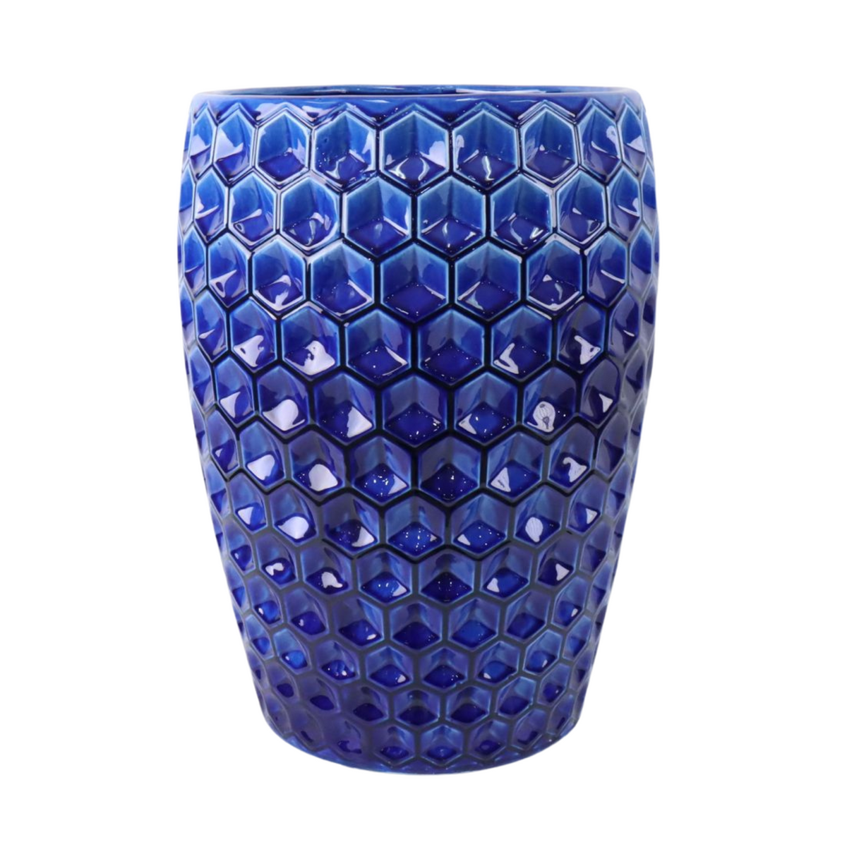 Pot Versailles décoratif 38x54 cm bleu en terre cuite émaillée, vue de face sur fond blanc