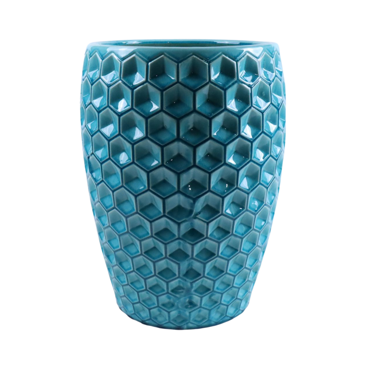 Pot Versailles décoratif 38x54 cm turquoise en terre cuite émaillée, vue de face sur fond blanc