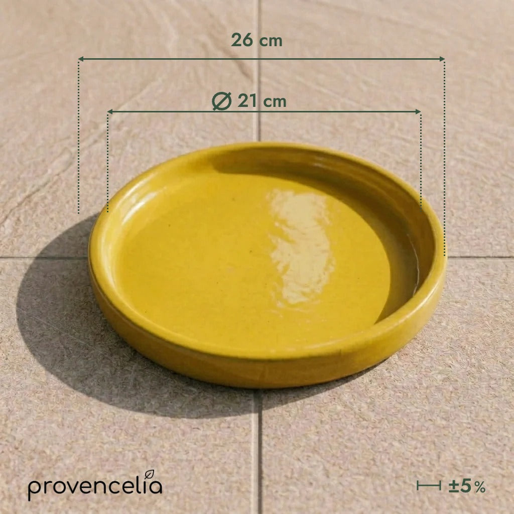 Yellow 21 cm saucer, top view with dimensions
